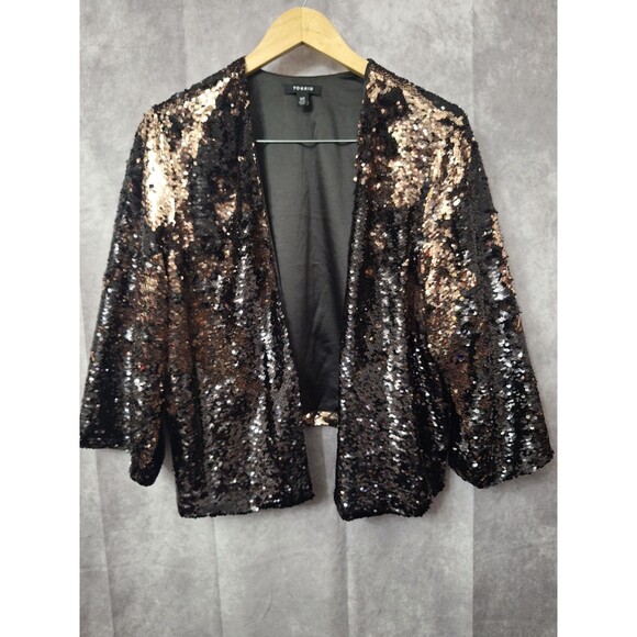 Torrid Black & Gold Sequin Open Front Kimono Blazer Cardigan 1X/2X Holiday Party - Picture 2 of 11